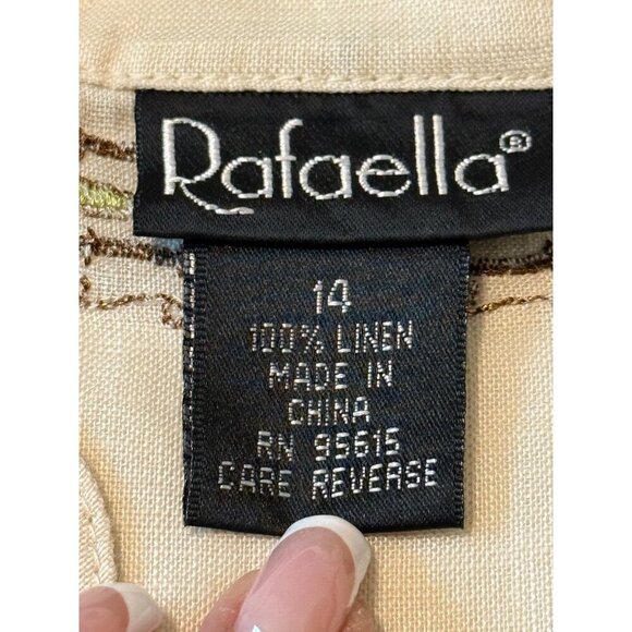 RAFAELLA Beige Embroidered Beaded Blouse100% Linen V-Neck Tiny Flaw Size 14 - Picture 6 of 16